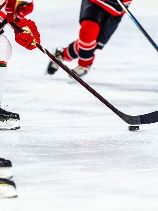 Hockey players with red uniforms and sticks on ice by the rink near Warwick Le Crystal Montreal