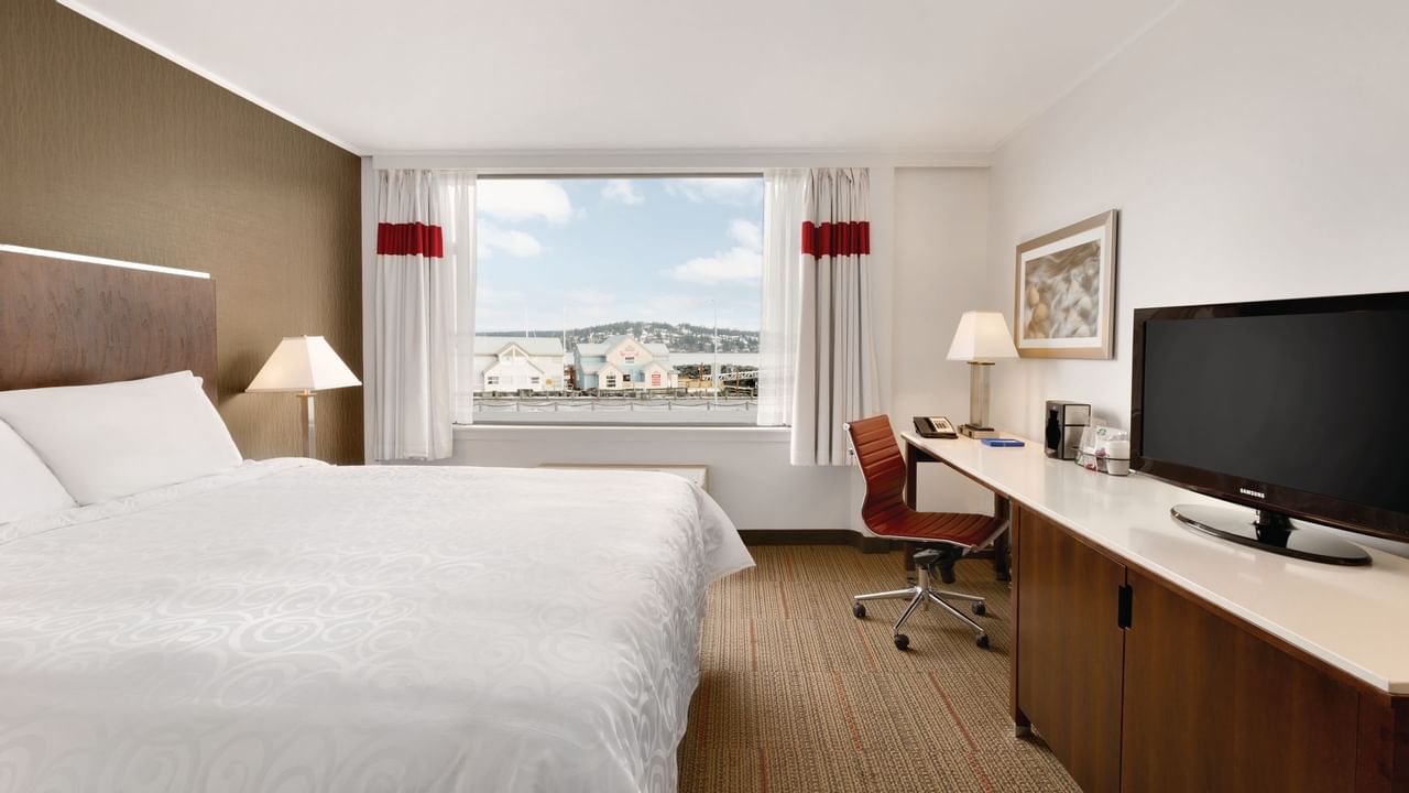 Bed and TV in hotel room with window