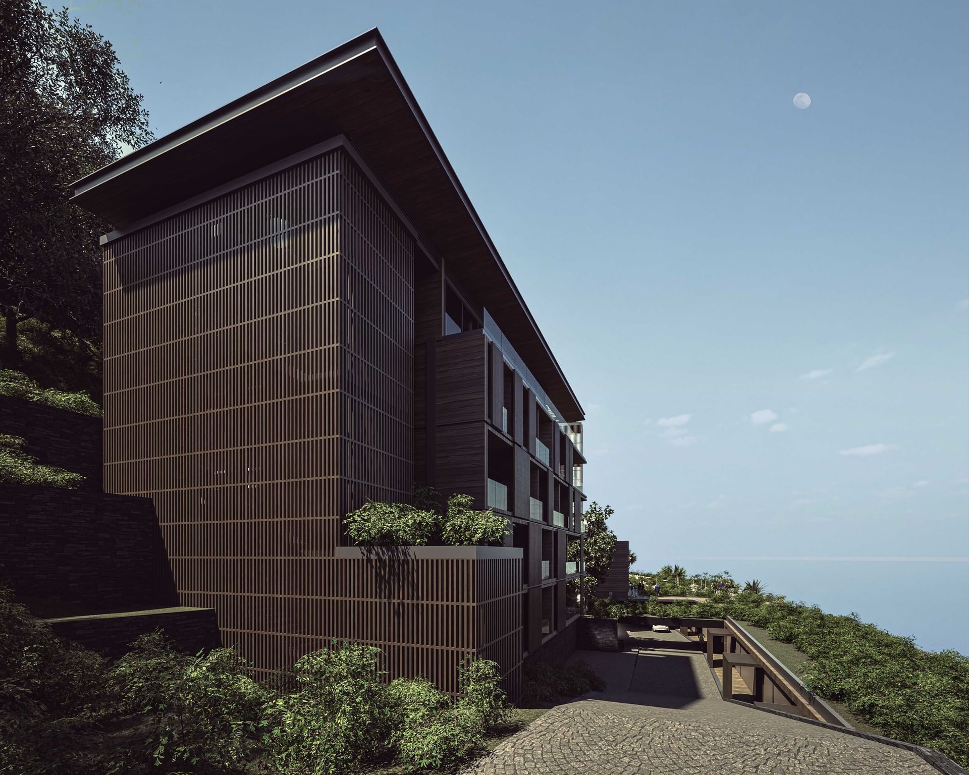 Hillside Sunset Residence at A'ila Residences, with a modern, slatted facade and a stunning ocean view