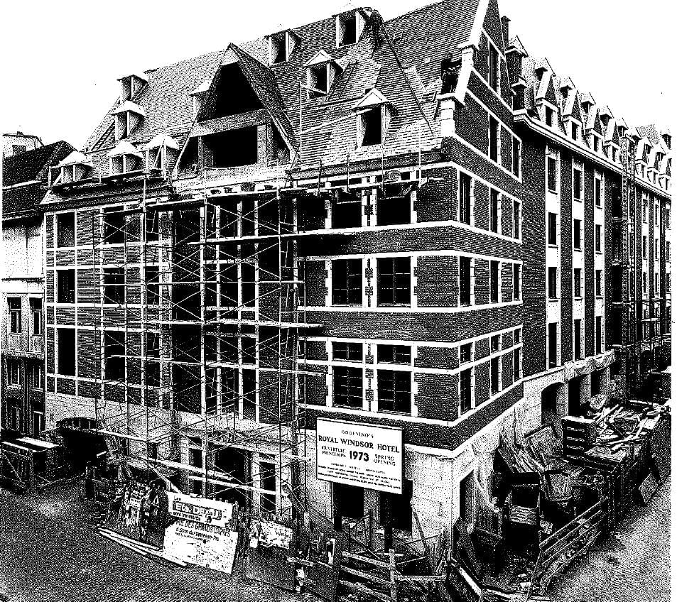 Black and white image of the Royal Windsor Hotel exterior under construction