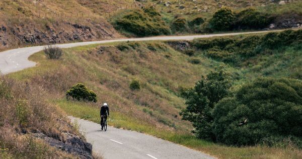 Cyclist climbing a rural hill road surrounded by New Zealand farmland