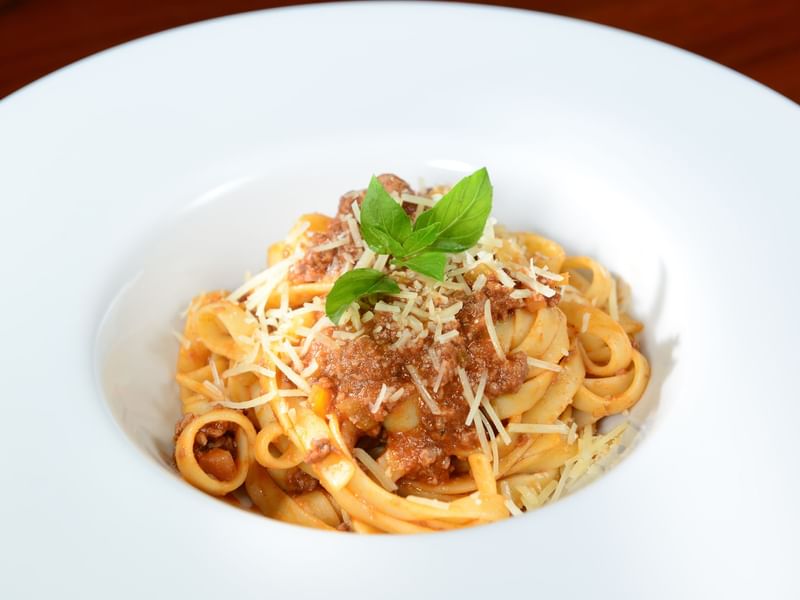Close-up of Pasta served at Live Aqua Resorts and Residence Club
