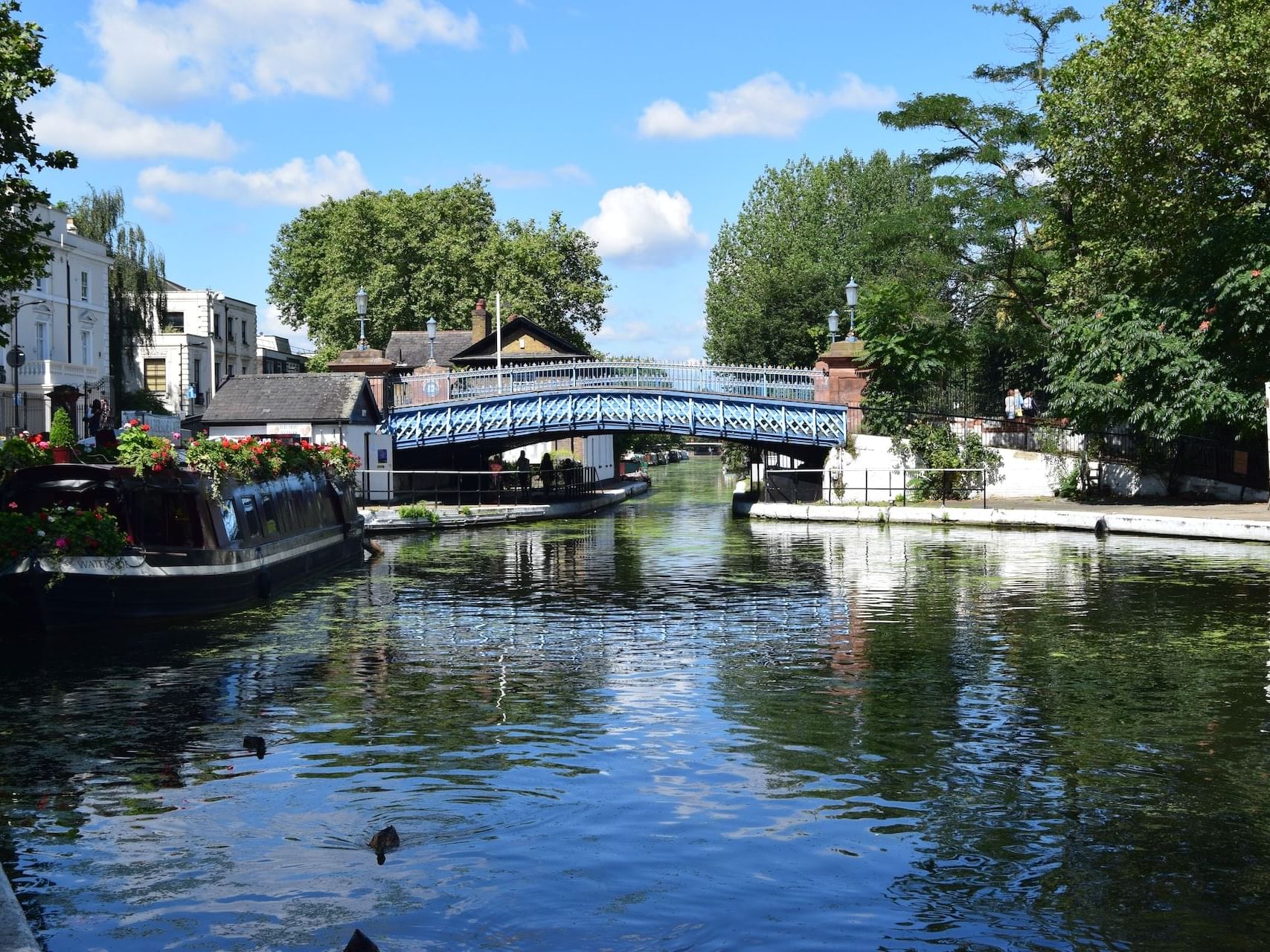 view of canals and bridge at Little Venice in London 