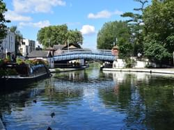 view of canals and bridge at Little Venice in London