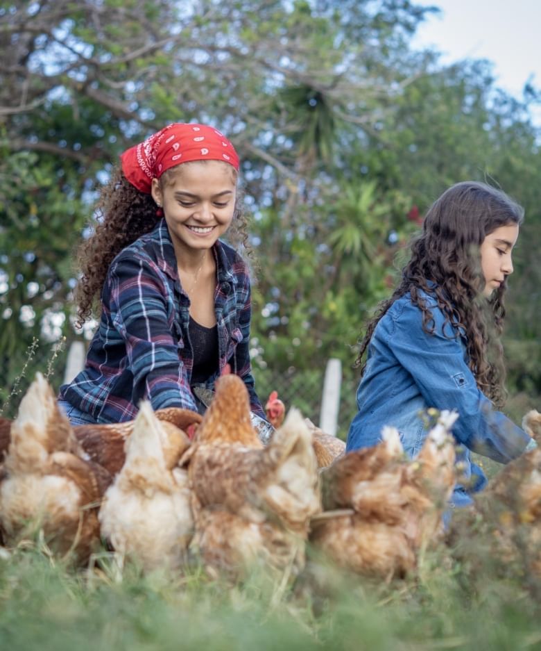 2 Girls feeding chickens in a field near Buena Vista Del Rincon