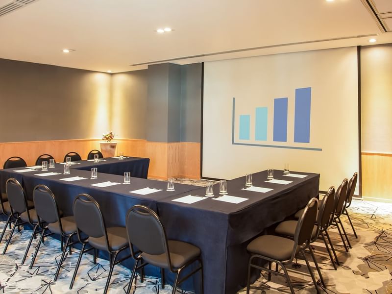 Closeup of U-style table setup in Salon ABC at Fiesta Inn