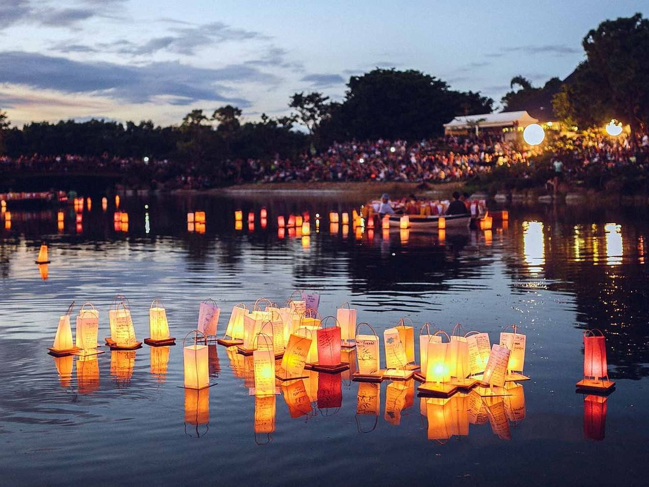 Lanterns lit on top of the water in Morikami Museum & Japanese Garden near Ocean Lodge Boca Raton