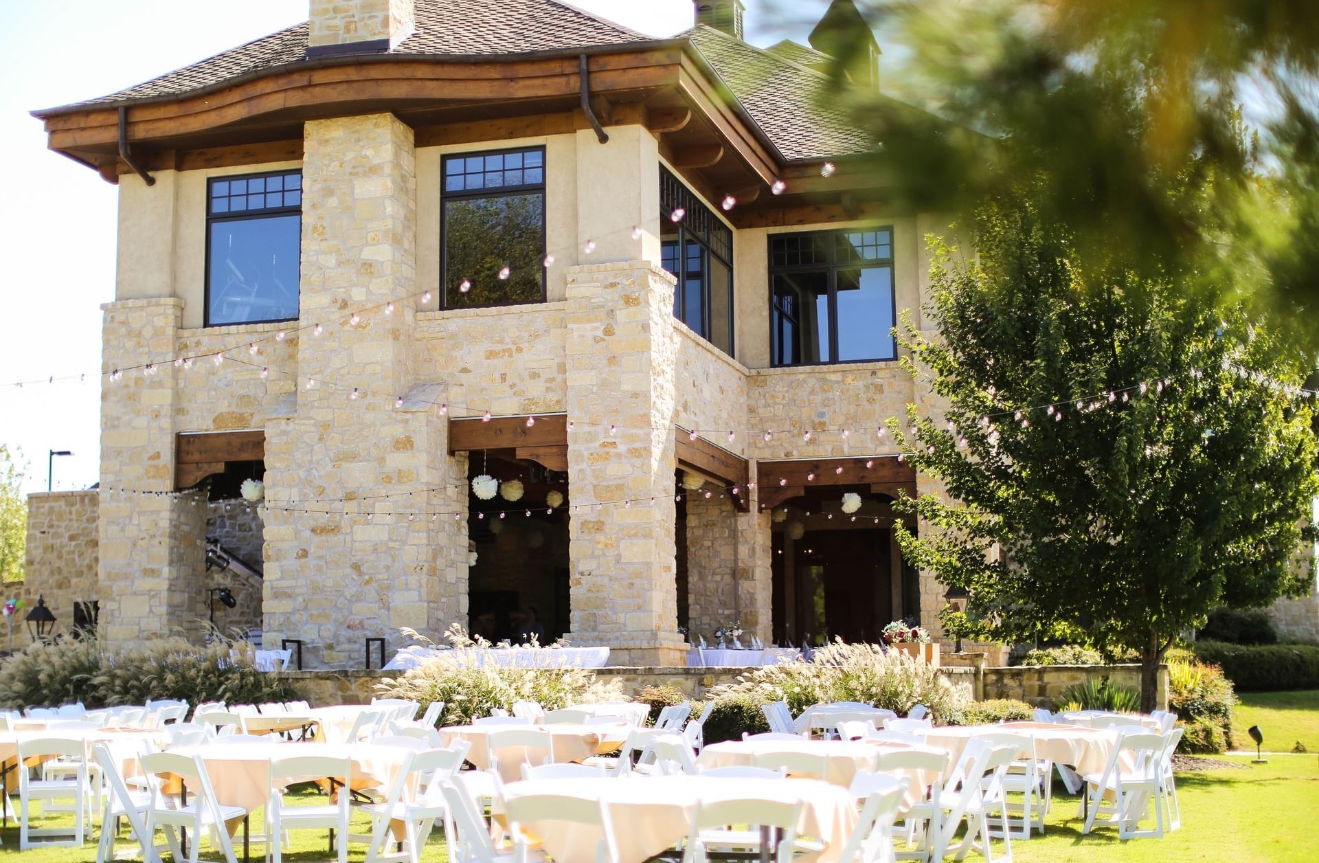 Tables arranged for a wedding ceremony in the North Patio at Shangri-La Monkey Island