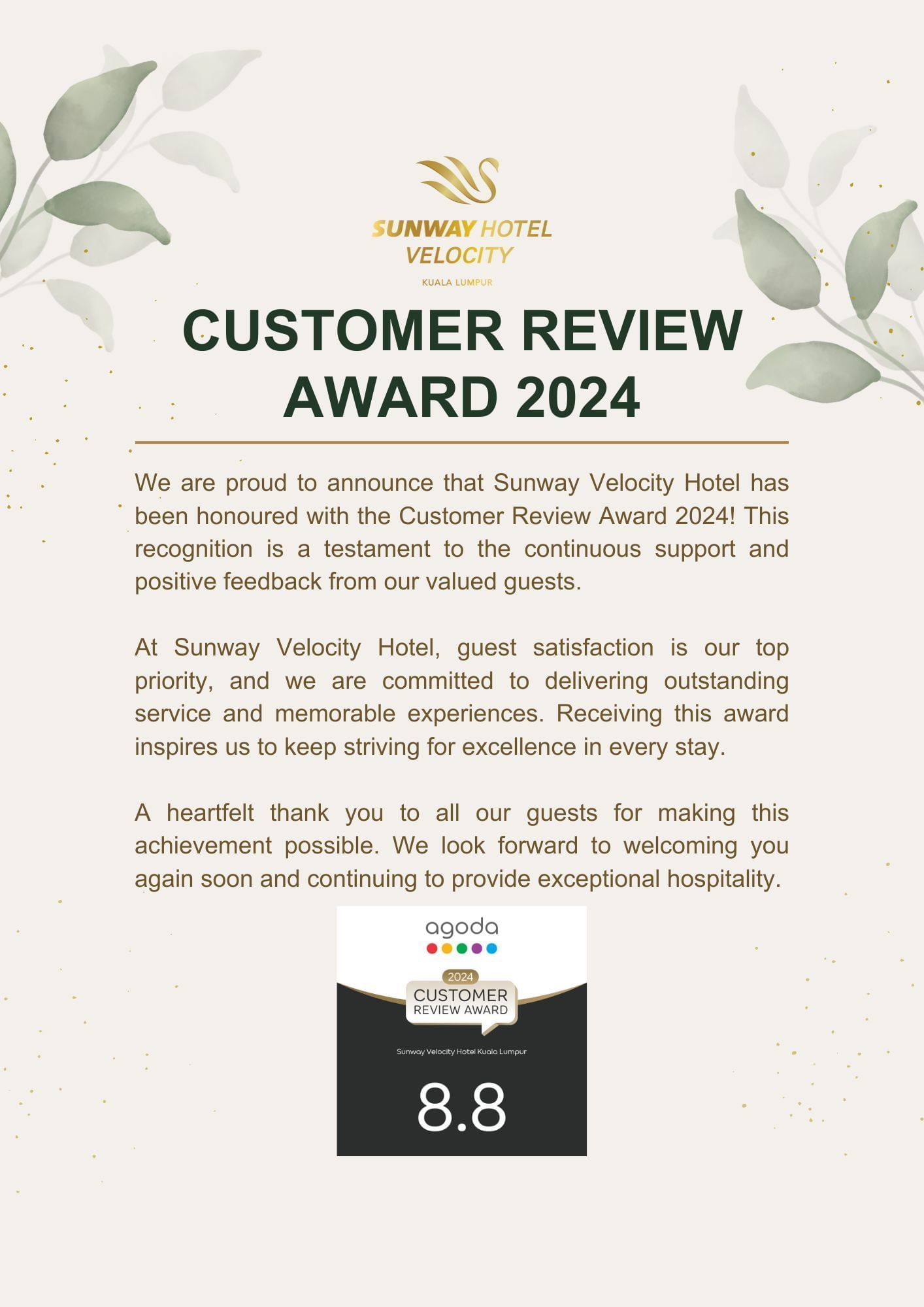 Sunway Hotel Velocity Customer Review Award 2024 with an 8.8 score from Agoda on a notice decorated with leaves