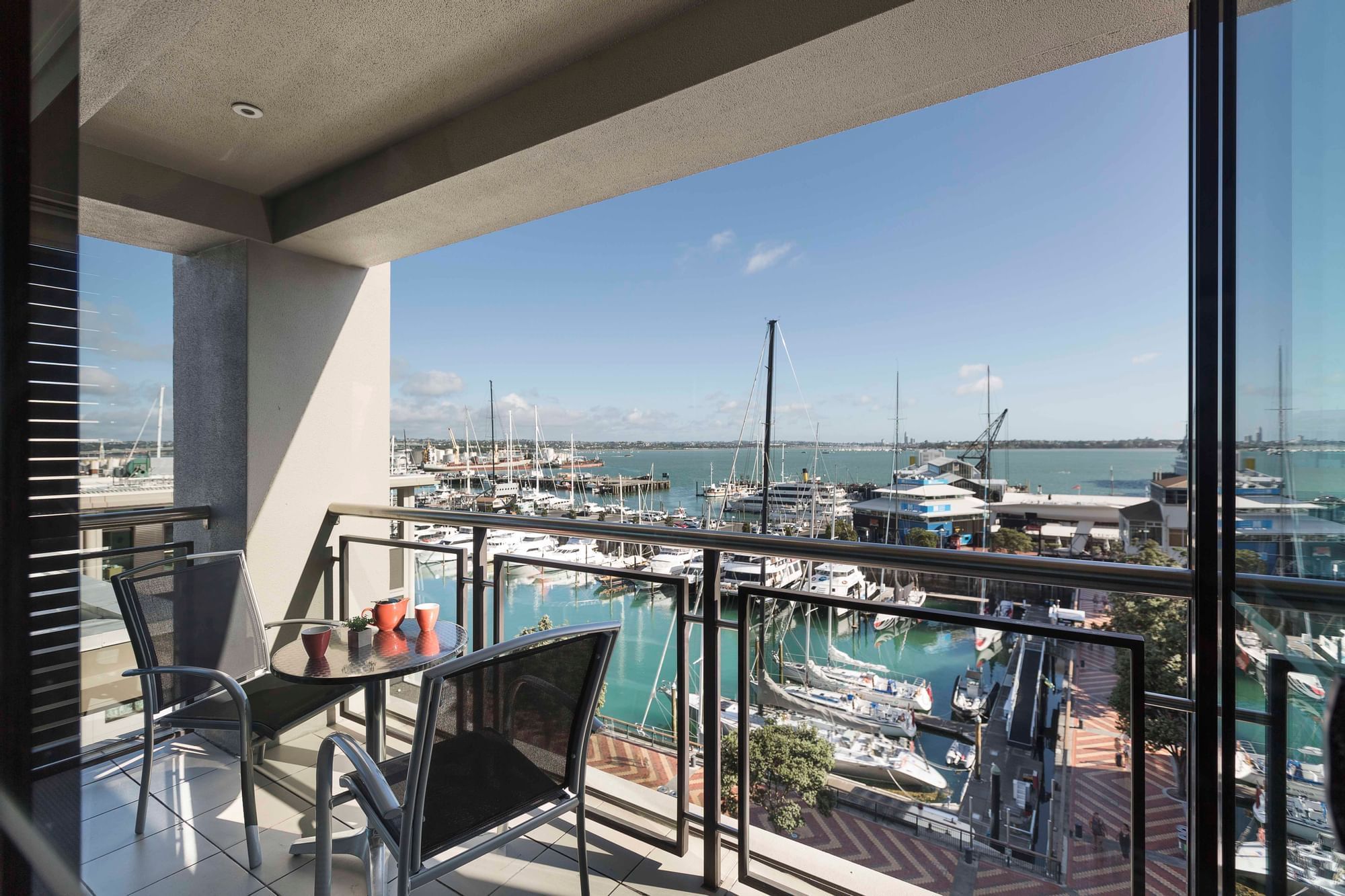 Harbour view from a balcony of a Marina Deluxe One Bedroom Suite at The Sebel Auckland Viaduct Harbour