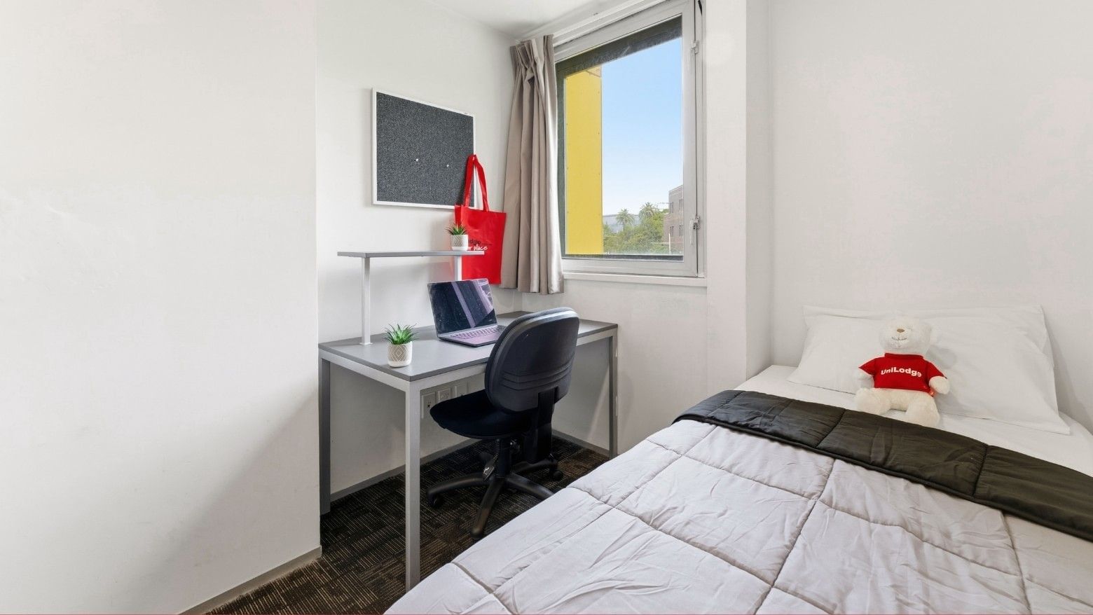 Clean room with a desk, laptop, and a bed at Student Living Auckland Anzac.