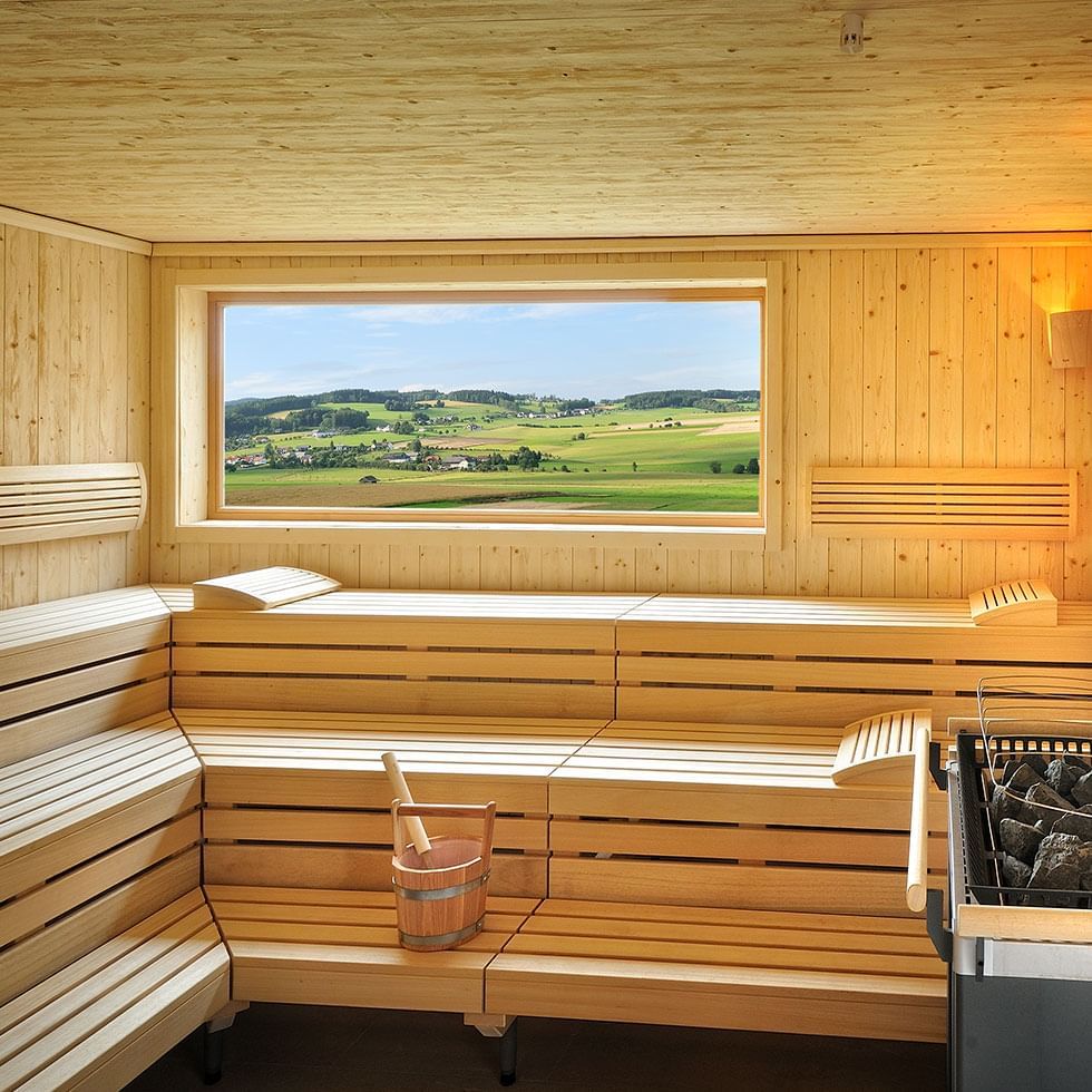 Interior of a Sauna with outside view at Falkensteiner Hotels