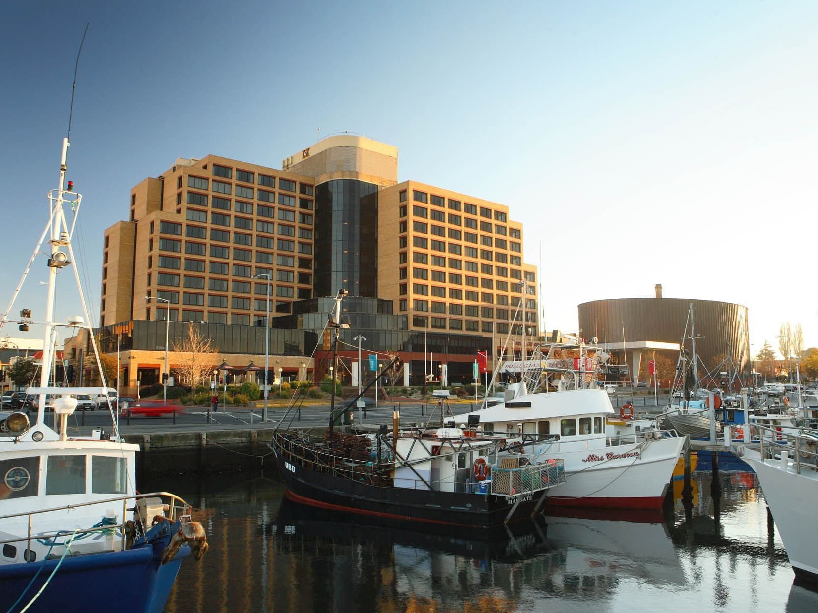 Boats docked by the hotel near Grand Chancellor Hobart
