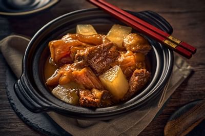 Closeup of a dish served in Min Jiang at Goodwood Park Hotel