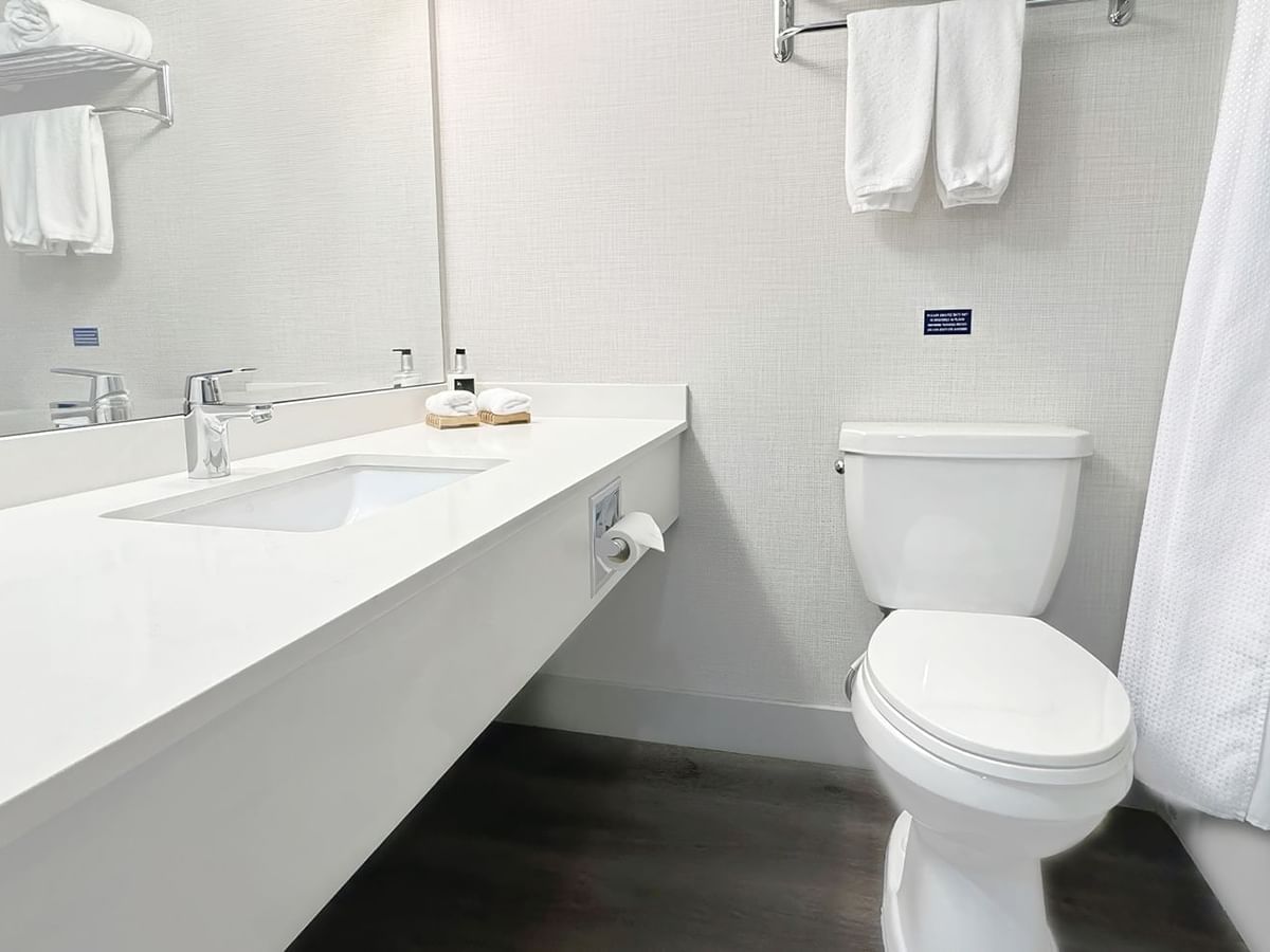 Washroom with sink, toilet, towels, and soap