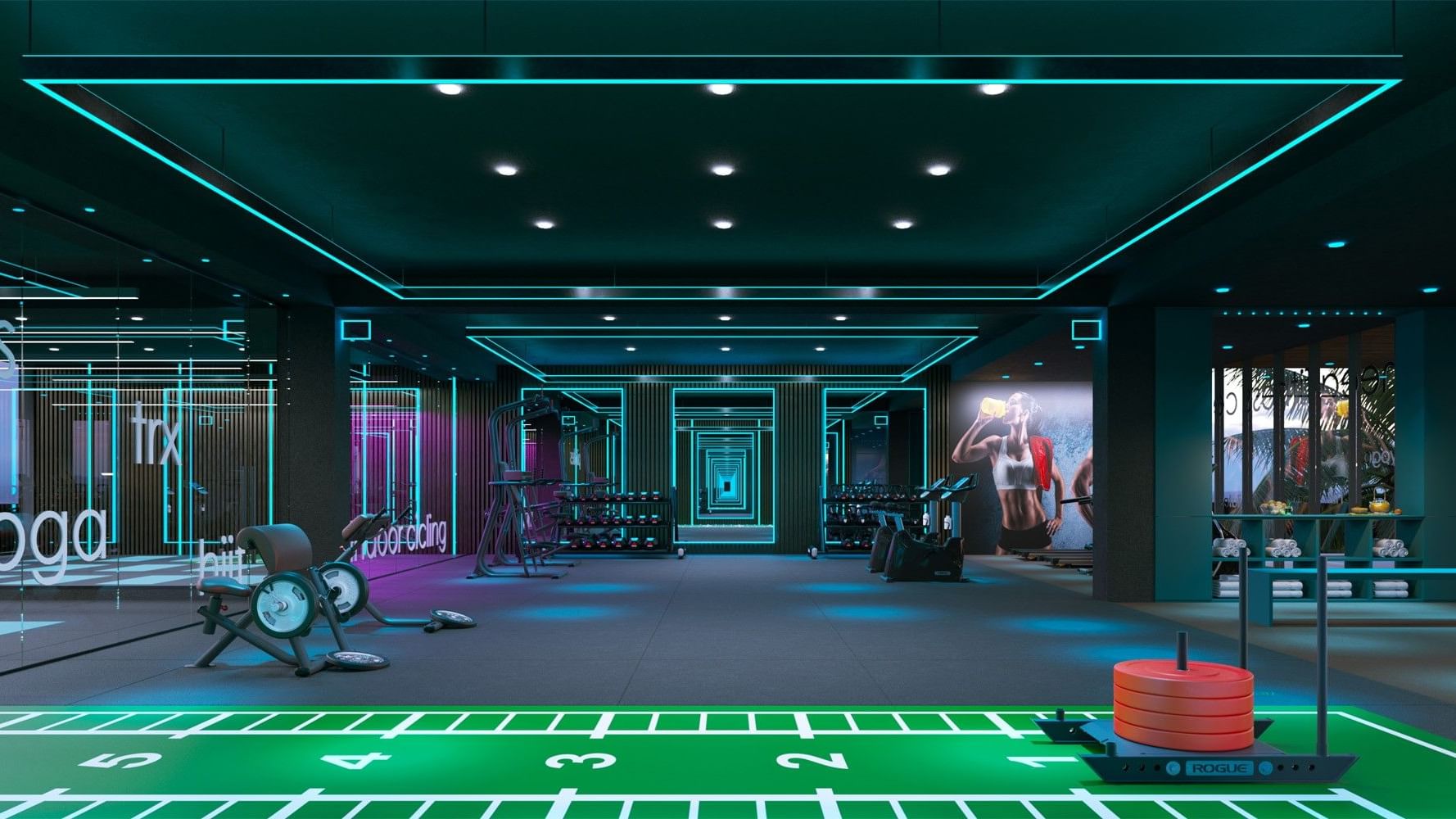 Gimnasio moderno en Fiesta Americana Funeeq Punta Cana con iluminación azul neón y equipo de pesas