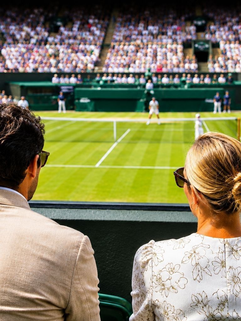 Couple watching a tennis match from the stands at a stadium.