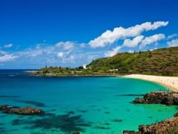 Distant view of Waimea Bay on a sunny day near Paradise Bay Resort