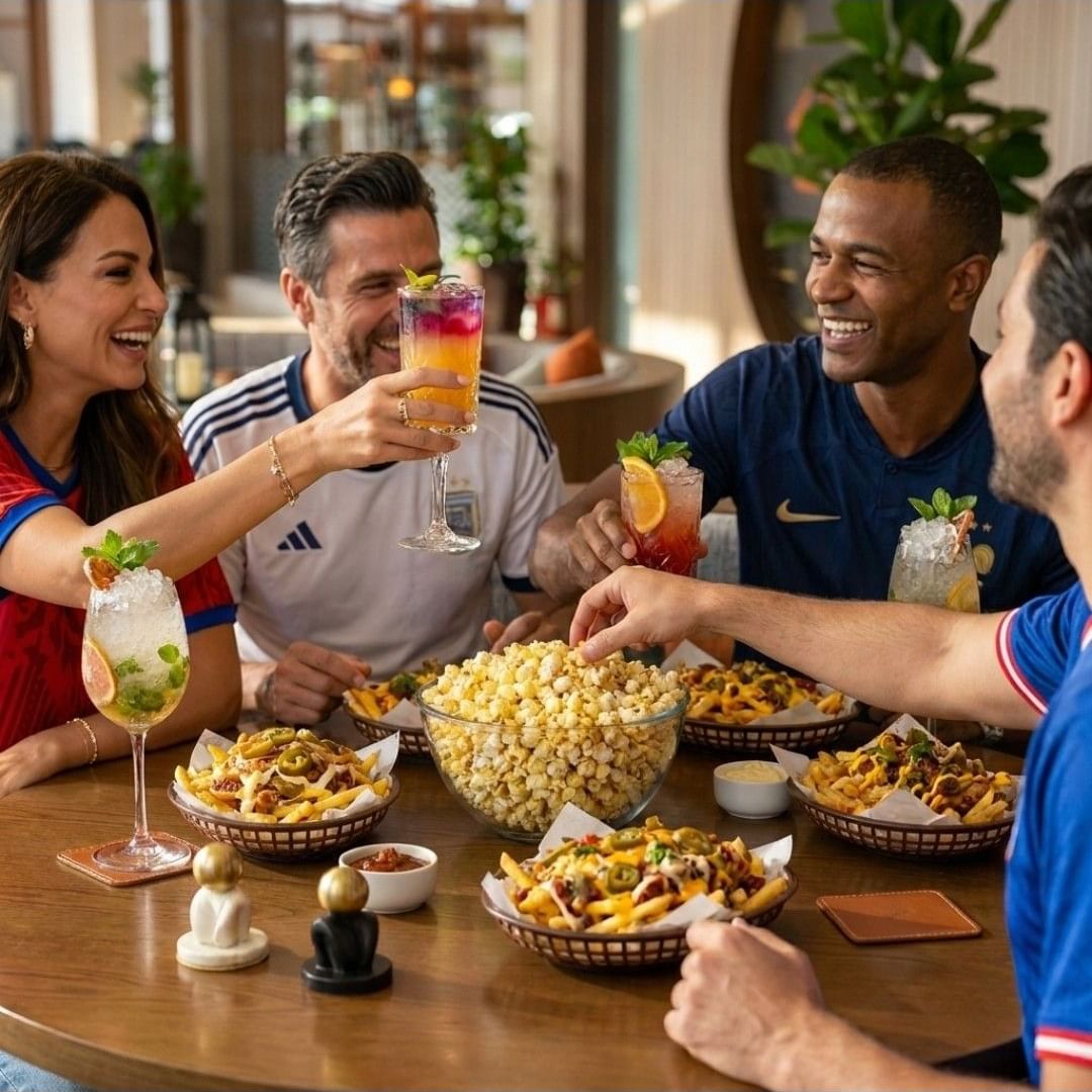 Friends in soccer jerseys toasting with colorful cocktails over snacks at a table for The Ultimate FIFA World Cup 2026 Screening Experience