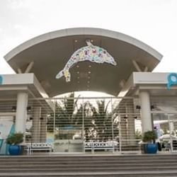 Entrance of Fakieh Aquarium with a large, colorful dolphin decoration above near Warwick Hotel Jeddah