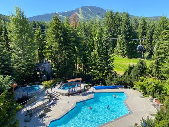 Aerial view of outdoor pool with lush greenery at Blackcomb Springs Suites