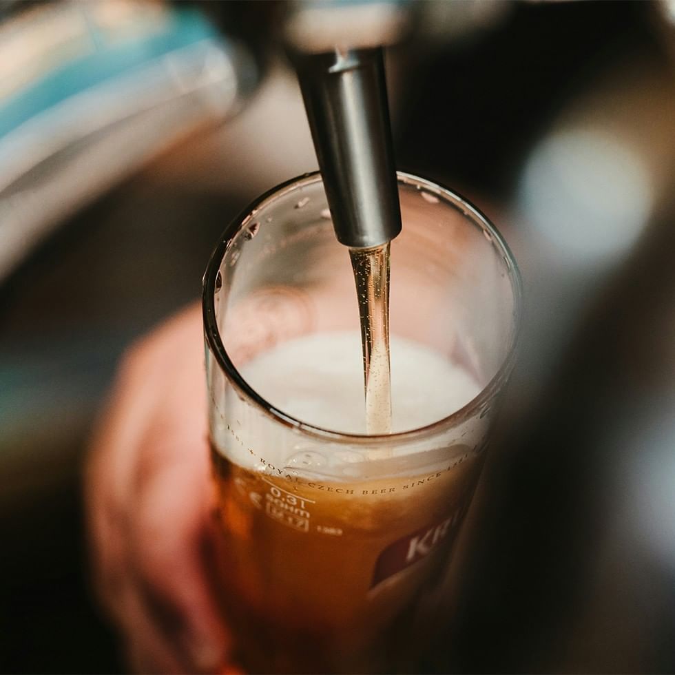 Ein Bier wird in ein Glas gezapft, das von einer Hand gehalten wird.