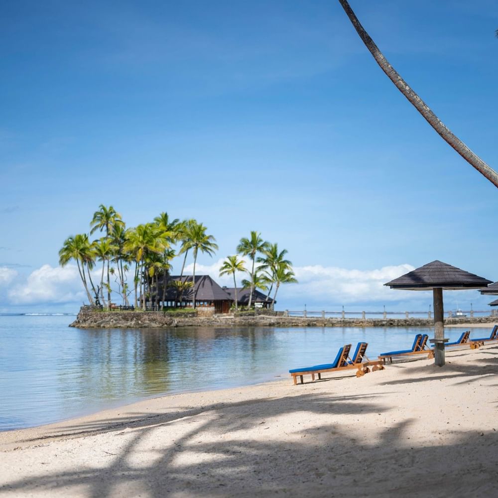 Une plage tropicale avec des palmiers et des chaises longues au Warwick Fiji Resort and Spa.
