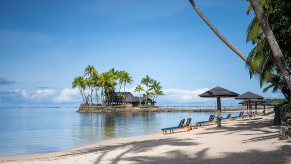 Une plage tropicale avec des palmiers et des chaises longues au Warwick Fiji Resort and Spa.
