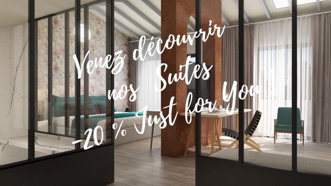 Glass partition of a suite with a bed, chairs, table, and -20% Just for you text.