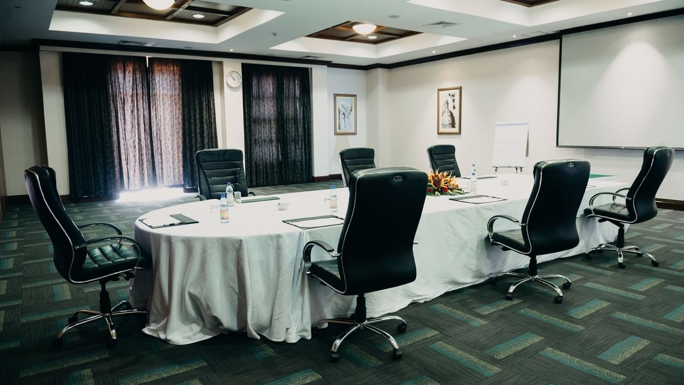 Elegant Bugala Hall setup for meetings at Lake Victoria Serena Golf Resort & Spa in Kampala.