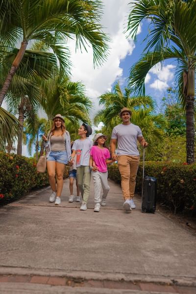 Family of four walking along palm-lined pathway with luggage under blue sky at Playa Blanca Beach Resort