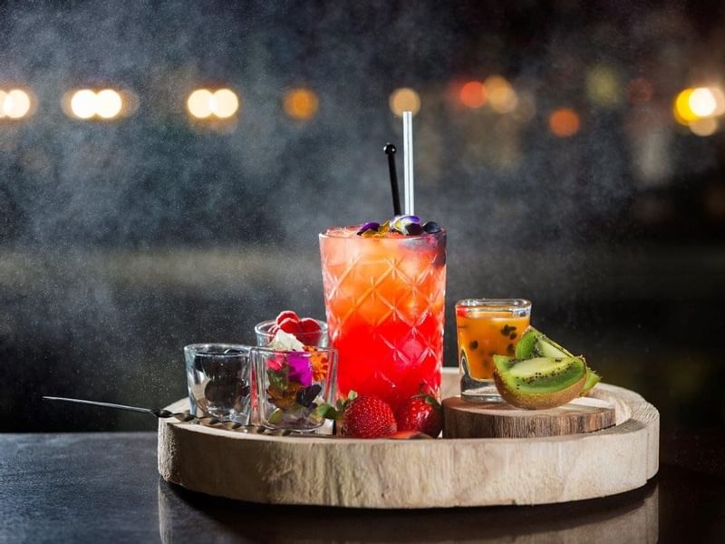 Cocktails served on a board at Pullman Sydney Olympic Park