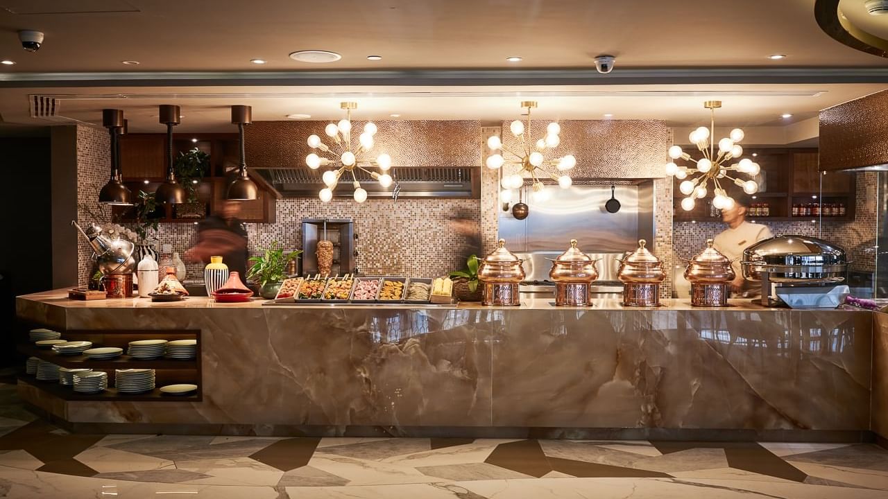 Opened buffet area in The Stage Restaurant at Paramount Hotel Dubai