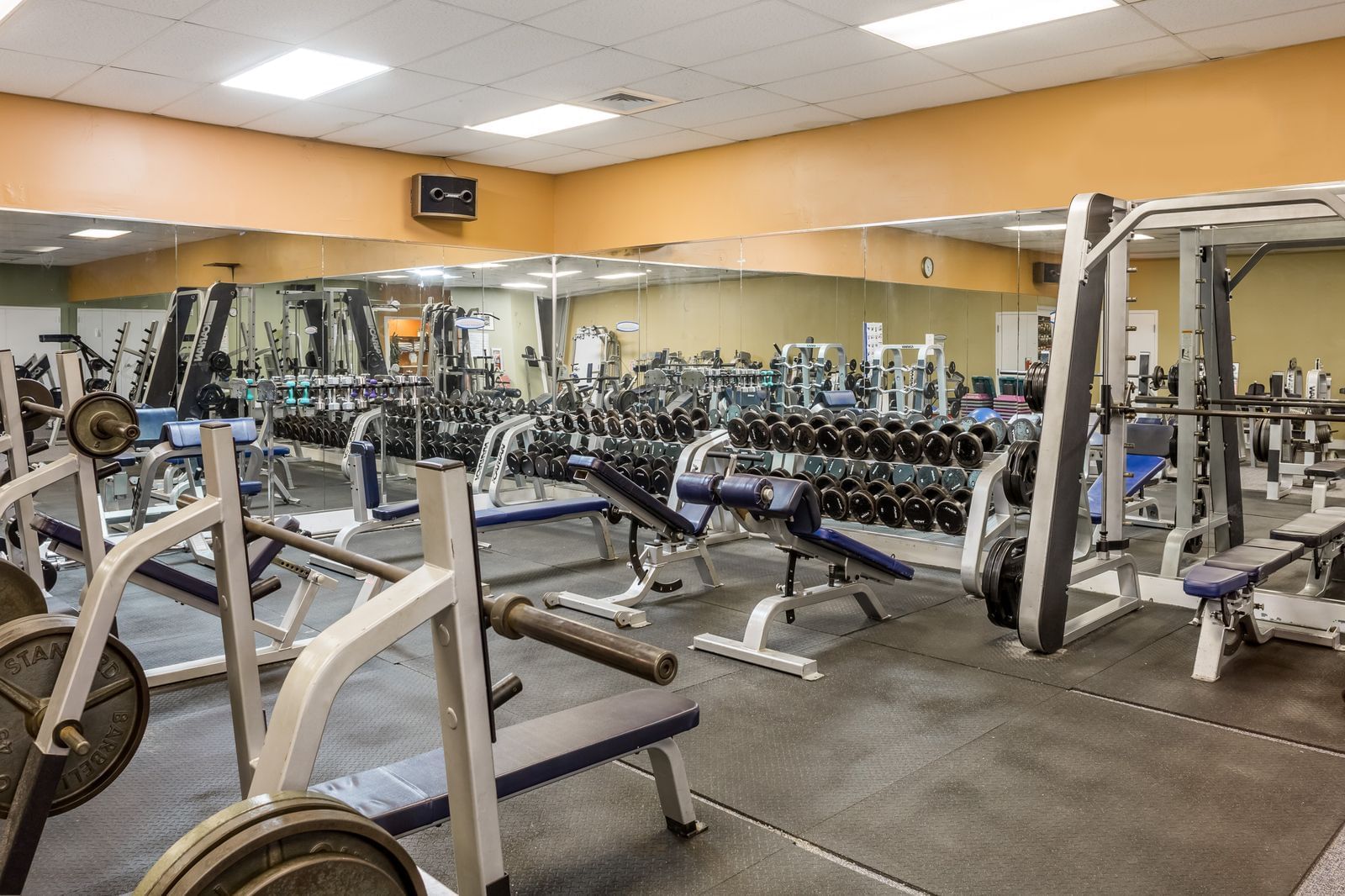 Fitness room with multiple workout stations.