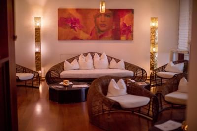 Interior of a lounge area at Orjola Spa at Liebes Rot Flueh
