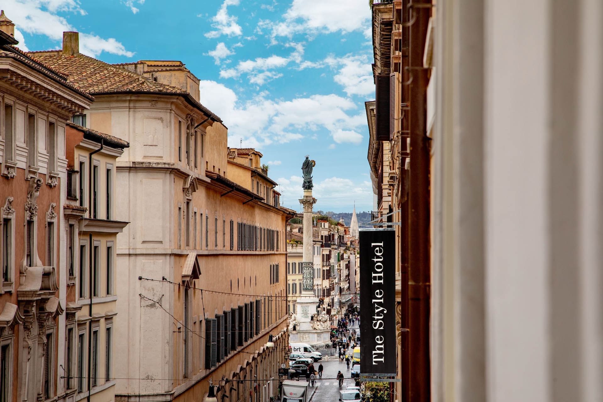 High angle view of the street near The Style on a sunny day