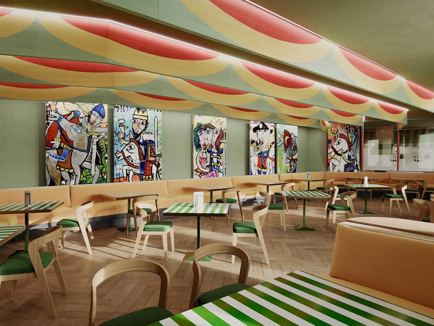 Buntes Restaurant mit farbenfrohen Wandgemälden, gestreiften Tischen und Holzbänken.