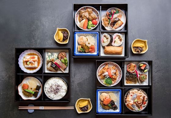 Closeup of bento boxes in okura at home at Hotel Okura Manila