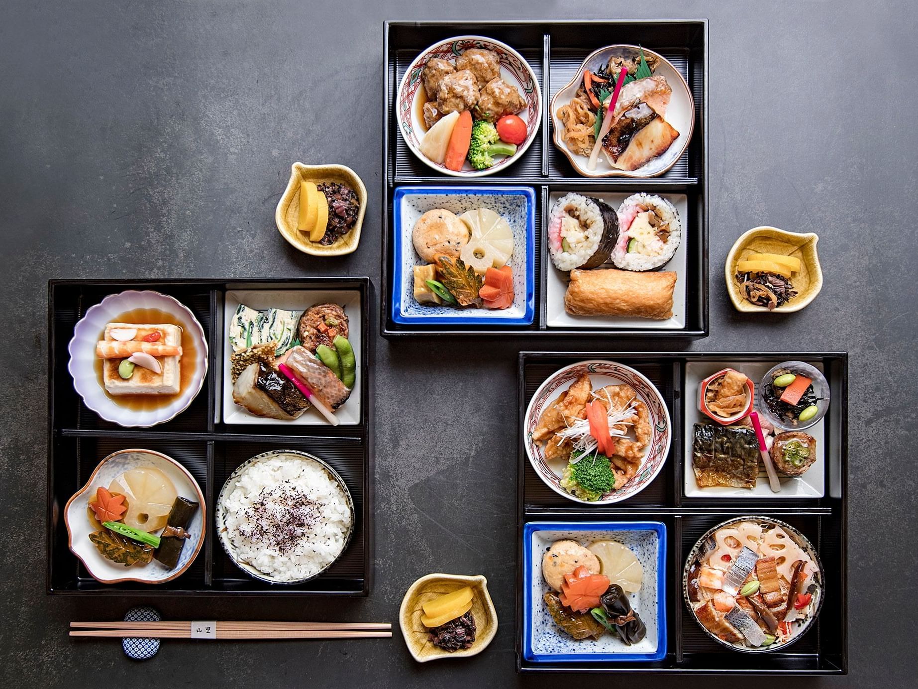 Closeup on bento boxes in Okura At Home at Hotel Okura Manila