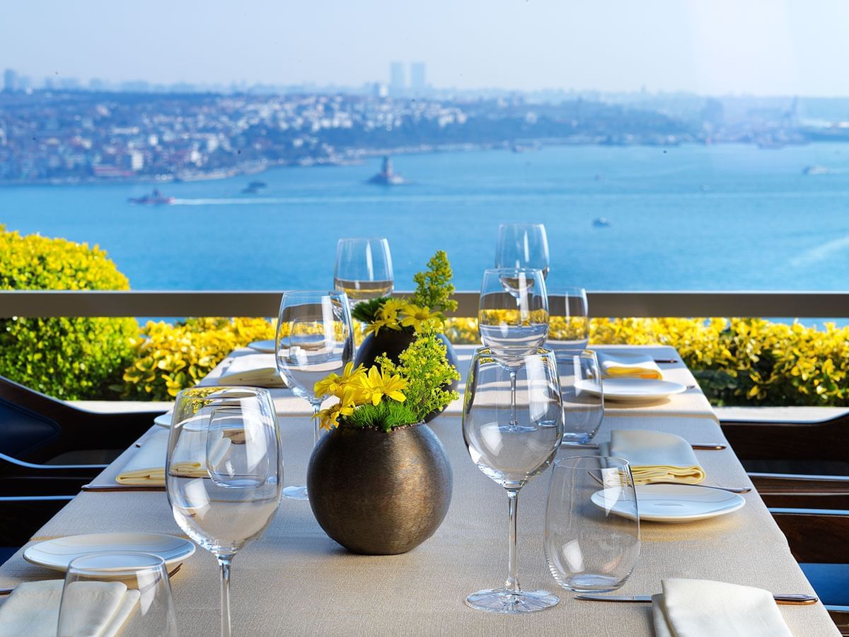 Rooftop dining arrangement with an ocean view in Izaka Terrace at CVK Park Bosphorus Hotel Istanbul