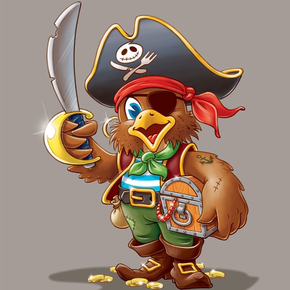 Pirate owl holding a sword and treasure chest.