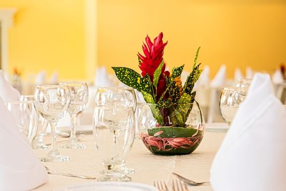 Closeup of vase & glasses on a table at Hotel Colón Salinas