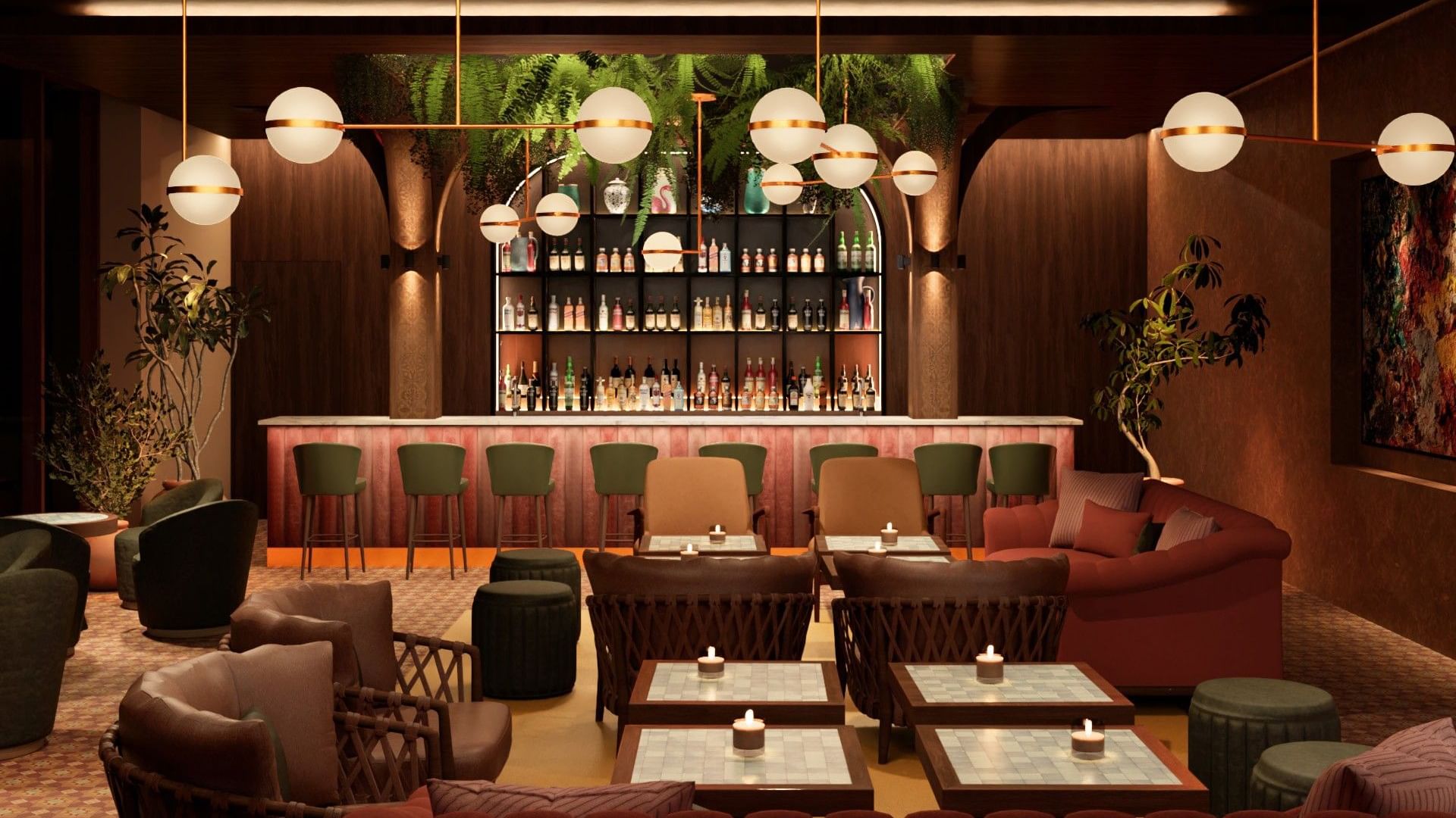 The Reserve Bar en Fiesta Americana Funeeq Punta Cana con luces doradas y asientos de terciopelo rojo