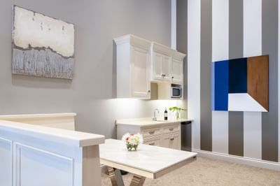 Kitchen area with pantry, paintings on the wall & dining table in Presidential suite at Retro Suites Hotel