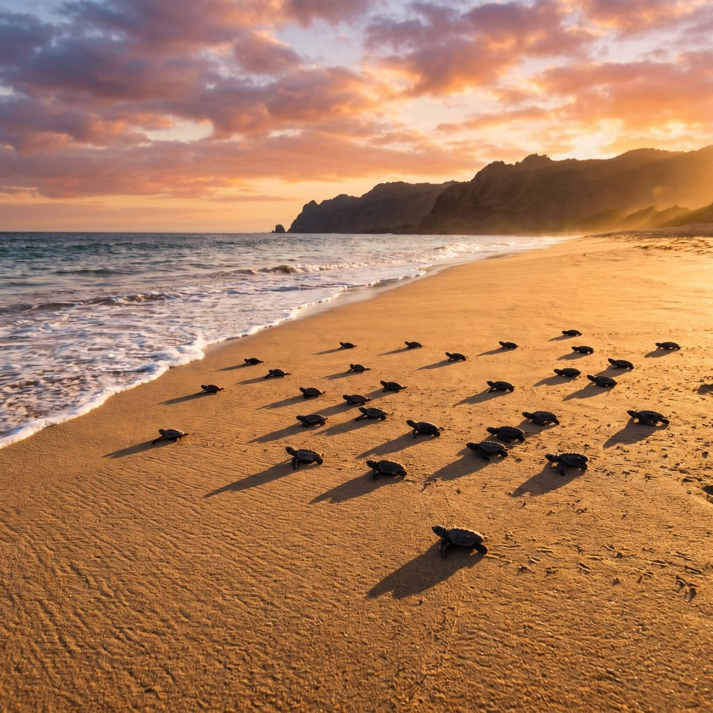 Families and children watching baby sea turtles safely reach the ocean during a sea turtle conservation activity in Puerto Vallarta.