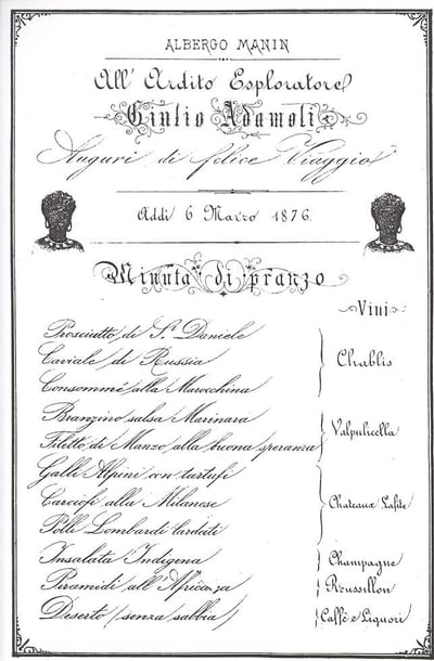 Carta Menu del 1876 Hotel Manin Milano