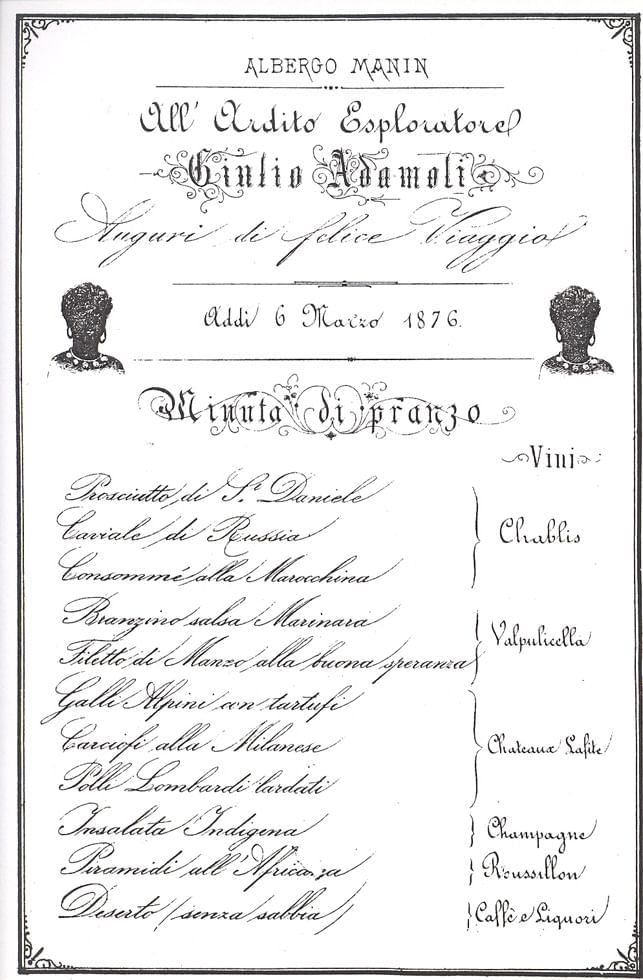 Carta Menu del 1876 Hotel Manin Milano