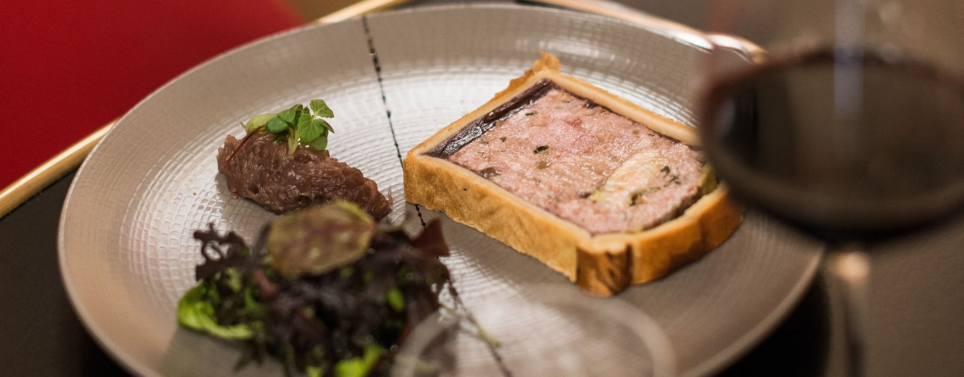 Close up of Pâté en croûte served in Restaurant-Le W