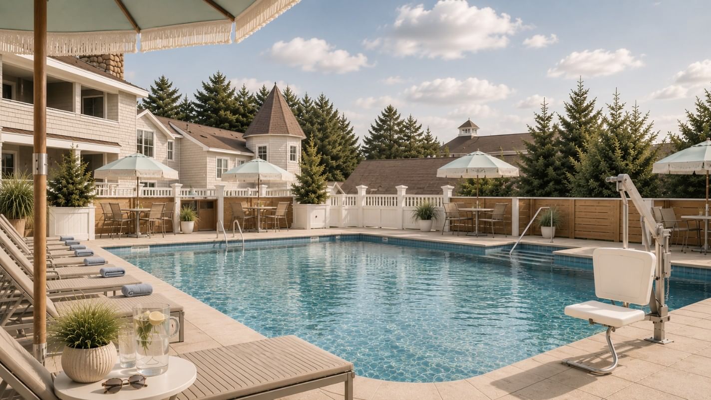 A swimming pool with a white lift, surrounded by lounge chairs and umbrellas.