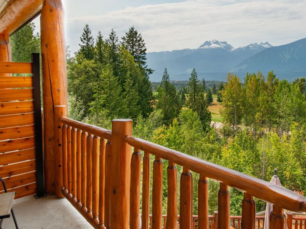 Hotel guest room balcony with a view of the mountains
